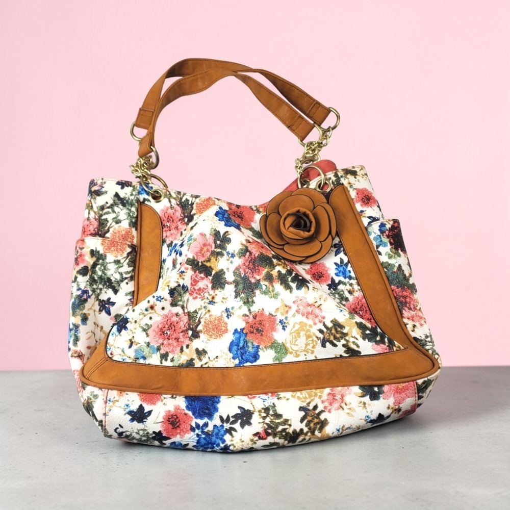 Floral Print Hobo Shoulder Bag Tan Faux‎ Leather Trim 3D Rose Charm Multicolor